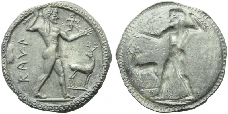 Bruttium, Caulonia, Stater, c. 525-500 BC; AR (g 8,07; mm 30; h 12); KAVΛ (retro...