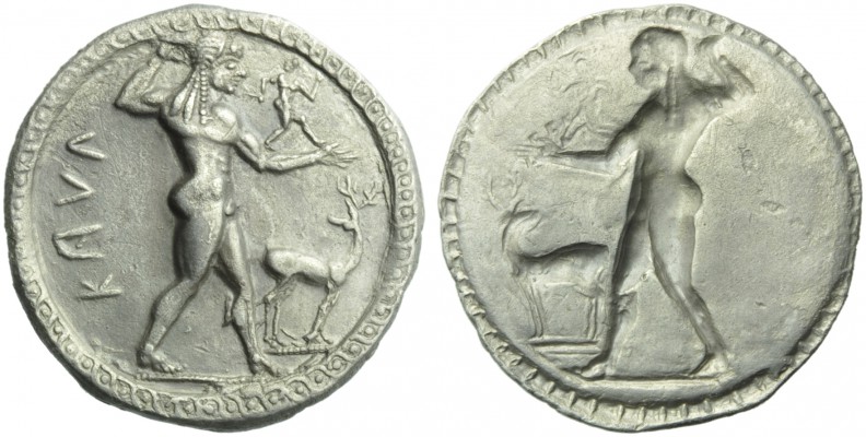 Bruttium, Caulonia, Stater, c. 525-500 BC; AR (g 8,11; mm 30; h 12); KAVΛ (retro...