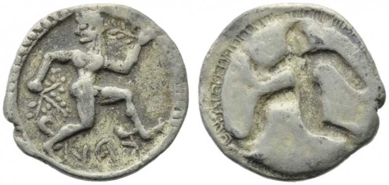 Bruttium, Caulonia, Obol, c. 525-500 BC; AR (g 0,49; mm 10; h 12); KAV (retrogra...