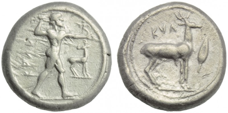 Bruttium, Caulonia, Stater, c. 474-425 BC; AR (g 8,16; mm 19; h 12); KAVΛ, Apoll...