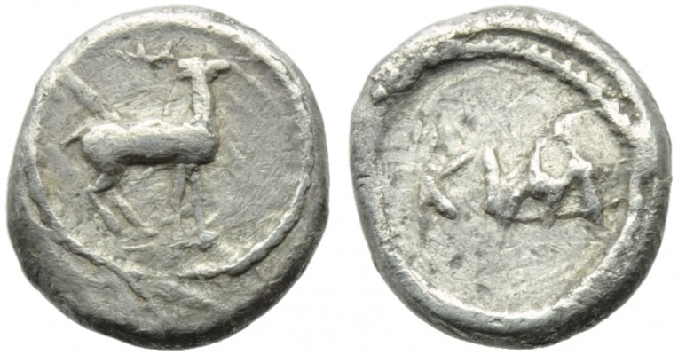 Bruttium, Caulonia, Diobol, c. 475-425 BC; AR (g 0,82; mm 9; h 12); Stag standin...