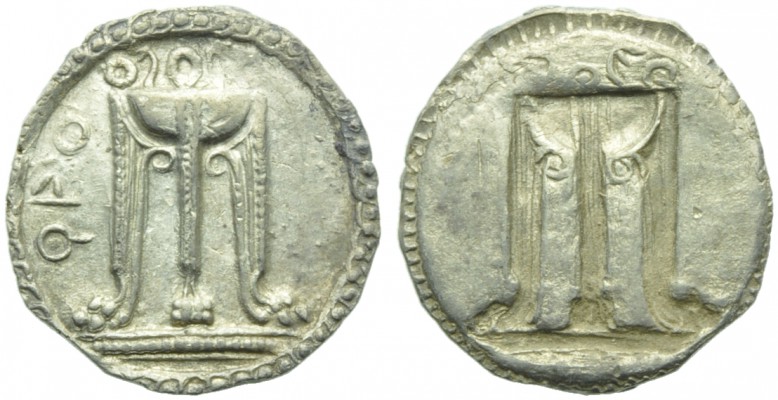 Bruttium, Croton, Drachm, c. 530-500 BC; AR (g 2,59; mm 19; h 12); ϘPO, tripod w...