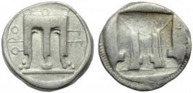 Bruttium, Croton (Temesa or Terina), Stater, c. 480-430 BC; AR (g 7,92; mm 19; h 12); ϘPO and TE, tripod, Rv. Same type incuse. HNItaly 2107; SNG ANS ...