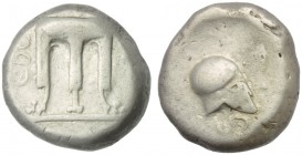 Bruttium, Croton (Temesa or Terina), Stater, c. 480-430 BC; AR (g 8,02; mm 18; h 6); ϘPO and TE, tripod, Rv. ϘPO, Corinthian helmet r. HNItaly 2122; S...
