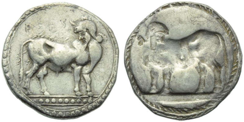 Bruttium, Laos, Stater, c. 510-500 BC; AR (g 7,91; mm 23; h 12); ΛAOΣ, man heade...