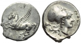 Bruttium, Lokroi Epizephyrioi, Stater, c. 325-317 BC; AR (g 8,51; mm 23; h 10); Pagasos flying l., Rv. ΛOK, head of Athena r., wearing Corinthian helm...