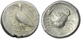 Sicily, Akragas, Tetradrachm, c. 471-430 BC; AR (g 17,34; mm 26; h 2); AKPAC - ANTOΣ (partially retrograde), eagle standing l., with closed wings, Rv....