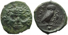 Sicily, Kamarina, Onkia, c. 420-405 BC; AE (g 1,51; mm 19; h 2); Gorgoneion, Rv. KAMA, owl standing r., holding lizard; on r., B (reverted); in ex. pe...