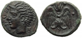 Sicily, Katane, Tetras, c. 405-402 BC; AE (g 1,80; mm 14; h 11); ΑΜΕΝΑΝΟΣ, horned head of Amenanos l., Rv. Winged thunderbolt; on r., K; on l., A; aro...