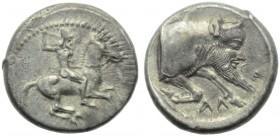 Sicily, Gela, Didrachm, c. 490-475 BC; AR (g 8,70; mm 21; h 1); Horseman galloping r., holding spear, Rv. CE - ΛA, forepart of man-faced bull standing...