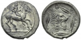 Sicily, Leontinoi, Didrachm, c. 475-455 BC; AR (g 8,68; mm 21; h 1); Horseman galopping r., Rv. ΛEO - N - TIN - ON, lion's head r., with jaws open and...