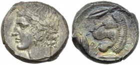 Sicily, Leontinoi, Tetradrachm, c. 455-422 BC; AR (g 17,42; mm 24; h 11); Laureate head of Apollo l., Rv. LE - O - N - TI - N - ON, lion's head r., wi...