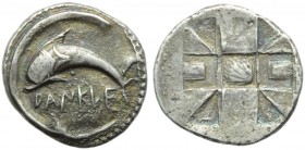 Sicily, Zankle, Chalkidian Drachm, c. 520-493 BC; AR (g 5,51; mm 22; h 11); DANKΛE, dolphin swimming l., within sickle shaped harbour of Zankle, Rv. S...