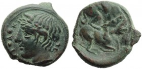 Sicily, Piakos, Tetras, c. 425-420 BC; AE (g 2,32; mm 14; h 9); PIAK, laureate head of river-god l.; on l., pellets, Rv. Dog rending stag; on r., oak ...