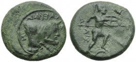Sicily, Sileraioi, Bronze, c. 357-336 BC; AE (g 6,59; mm 20; h 6); ΣΙΛΕΡΑΙΩΝ (retrograde), forepart of man headed bull r., Rv. ΣΙΛ[...], naked warrior...