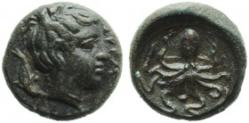Sicily, Syracuse, Second Democracy (466-405), Onkia, c. 425 BC; AE (g 1,29; mm 10; h 12); ΣΥΡΑ, female head r.; on l., dolphin, Rv. Octopus; below, pe...