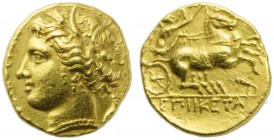 Sicily, Syracuse, Hiketas (288-278), 60 Litrai or Decadrachm, c. 288-278 BC; AV (g 4,28: mm 15; h 7); [ΣYRAKOΣIΩN], head of Persephone l., wearing wre...