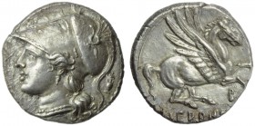 Sicily, Syracuse, Hieron II (275-215), Octobol, c. 275-215 BC; AR (g 5,45; mm 19; h 12); Head of Athena l., wearing Attic crested helmet, decorated wi...