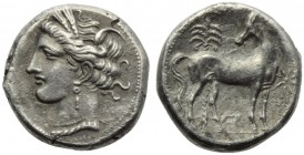 The Carthaginians in the Mediterranean, Carthage, Shekel, c. 300 BC; AR (g 7,33; mm 18; h 1); Head of Tanit l., wearing wreath of grain, earrings and ...
