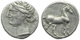 The Carthaginians in the Mediterranean, Carthage, 1/4 Shekel, c. 220-205 BC; AR (g 1,82; mm 14; h 12); Head of Tanit l., wearing wreath of grain, earr...