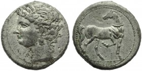 The Carthaginians in the Mediterranean, Carthage, Shekel and 1/2, c. 203-201 BC; BI (g 8,67; mm 26; h 12); Head of Tanit l., wearing wreath of grain, ...