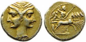 The Carthaginians in the Mediterranean, Capua, 3/8 Shekel, c. 216-211 BC; EL (g 2,95; mm 14; h 12); Janifom head of Tanit, wearing wreath of grain, Rv...
