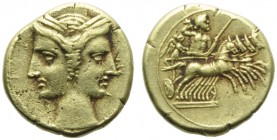 The Carthaginians in the Mediterranean, Capua, 3/8 Shekel, c. 216-211 BC; EL (g 2,99; mm 14; h 12); Janifom head of Tanit, wearing wreath of grain, Rv...
