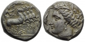The Carthaginians in the Mediterranean, Lylibaion, Tetradrachm, c. 330-305 BC ; AR (g 17,24; mm 21; h 10); Charioteer driving fast quadriga r.; above,...