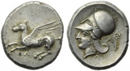 Akarnania, Leukas, Stater, c. 435-380 BC; AR (g 8,57; mm 20; h 6); Pegasos flying l.; below, Λ, Rv. Head of Athena l., wearing Corinthian helmet; on r...