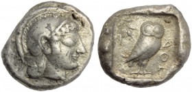 Attica, Athens, Tetradrachm, c. 566-490 BC.; AR (g 17,27; mm 25; h 3); Head of Athena r., wearing Attic crested helmet decorated with chevron and dot ...