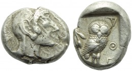 Attica, Athens, Tetradrachm, c. 566-490 BC.; AR (g 17,48; mm 23; h 3); Head of Athena r., wearing Attic crested helmet decorated with chevron and dot ...