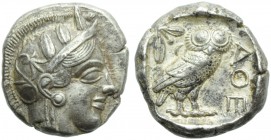 Attica, Athens, Tetradrachm, c. 479-393 BC; AR (g 17,19; mm 24; h 8); Head of Athena r., wearing Attic crested helmet decorated with three olive wreat...