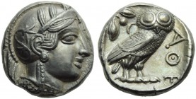 Attica, Athens, Tetradrachm, c. 479-393 BC; AR (g 17,18; mm 24; h 3); Head of Athena r., wearing Attic crested helmet decorated with three olive wreat...