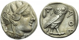 Attica, Athens, Tetradrachm, c. 479-393 BC; AR (g 16,99; mm 24; h 10); Head of Athena r., wearing crested attic helmet decorated with olive wreath and...