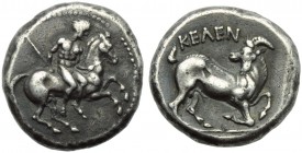 Cilicia, Kelenderis, Stater, c. 410-375 BC; AR (g 13,08; mm 23; h 9); Nude youth galopping r., holding whip, Rv. KEΛEN, goat kneeling r. on exergual l...