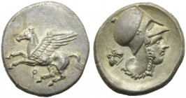 Corinthia, Corinth, Stater, c. 405-345 BC; AR (g 8,19; mm 23; h 5); Pegasos flying l.; below, Ϙ, Rv. Head of Athena r., wearing Corinthian helmet; on ...