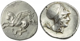 Corinthia, Corinth, Stater, c. 405-345 BC; AR (g 8,58; mm 23; h 3); Pegasus flying l.; below, Ϙ, Rv. Helmeted head of Athena wearing Corinthian helmet...