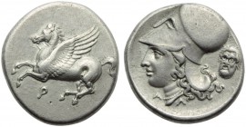 Corinthia, Corinth, Stater, c. 345-307 BC; AR (g 8,47; mm 22; h 2); Pegasos flying l.; below, Ϙ, Rv. Head of Athena r., wearing Corinthian helmet; on ...