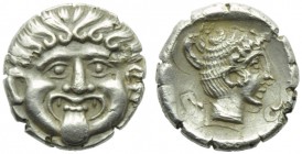 Macedonia, Neapolis, Hemidrachm, c. 424-350 BC; AR (g 1,60; mm 14; h 6); Gorgoneion, Rv. N - E - O - Π, head of nimph r. SNG ANS 431. Lightly patina, ...