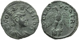 Troas, Alexandria, Pseudo-autonomous, Bronze, mid 3rd century AD; AE (g 5,08; mm 21; h 1); CO - L TRO AV, turreted and draped bust of Tyche r.; on l.,...