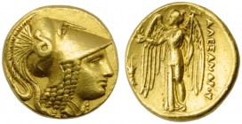 Kings of Macedonia, Alexander III (336-323, and posthumous issues), Stater, Amphipolis, c. 330-320 BC; AV (g 7,60; mm 16; h 8); Head of Athena r., wea...