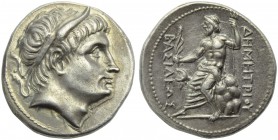 Kings of Macedonia, Demetrios I (306-283), Tetradrachm, Uncertain mint, c. 291-290 BC; AR (g 16,75; mm 28; h 1); Diademed and horned head r., Rv. BAΣI...