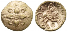 Celtic, Addedomarus of Trinovantes, Britain, Quarter Stater, c. 40-30 BC; AV (g 1,32; mm 13; h 1); Cross shaped floral pattern; in central field, pell...