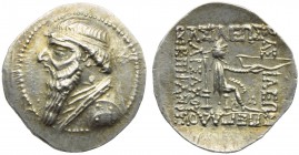 Kings of Parthia, Mithradates II (121-99), Drachm, Rhagae, c. 109-96 BC; AR (g 4,10; mm 23; h 12); Bearded bust r., wearing diadem, earrings and spira...