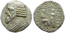 Kings of Parthia, Gotarzes II (40-51), Tetradrachm, Seleucia, c. AD 49; AR (g 14,43; mm 26; h 12); Diademed and bearded bust l., wearing spiral torque...