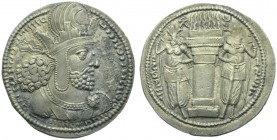 Sasanian kings, Shapur I (241-272), Drachm, c. AD 241-272; AR (g 4,10; mm 25; h 4); Decorated bust r., wearing mural crown with earmuffs and surmounte...