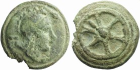Anonymous, Cast As, Rome, c. 230 BC; AE (g 223; mm 60; h 12); Helmeted head of Roma r.; behind, I, Rv. Wheel of six spokes; between two spokes, I. Cra...