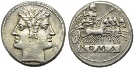 Anonymous, Quadrigatus, Rome, from 269 BC; AR (g 6,79; mm 21; h 6); Laureate janiform head of Dioscuri, Rv. Jupiter in quadriga driven by Victory r., ...