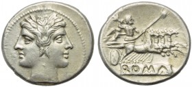Anonymous, Quadrigatus, Rome, from 269 BC; AR (g 6,73; mm 23; h 6); Laureate janiform head of Dioscuri, Rv. Jupiter in quadriga driven by Victory r., ...