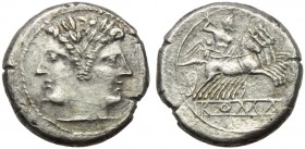 Anonymous, Plated Quadrigatus, Rome, 225-212 BC; AR (g 5,00; mm 19; h 12); Laureate, Janiform head of Dioscuri, Rv. Jupiter, with sceptre and thunderb...